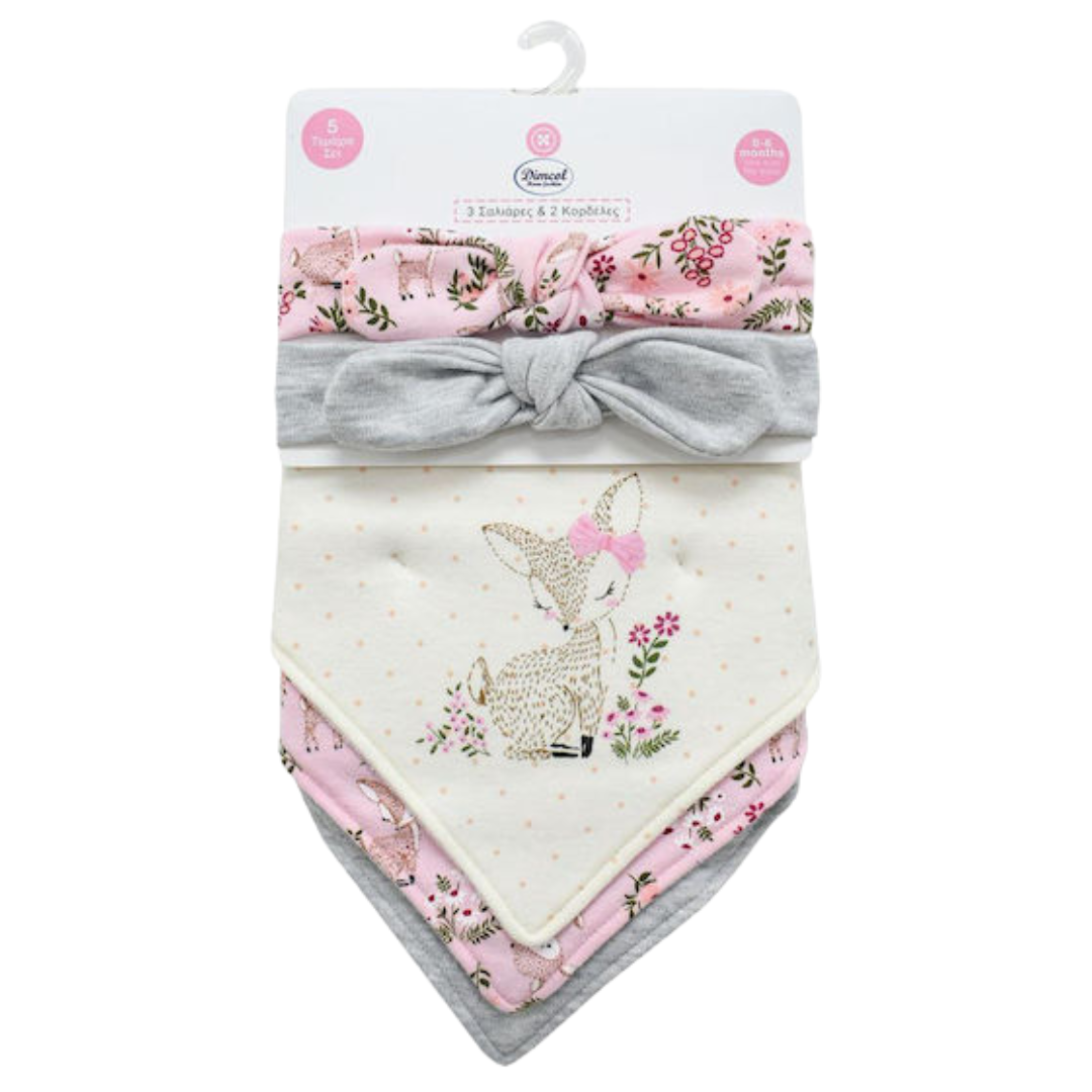 Σαλιαρα - Μπαντάνα Υφασμάτινη με Κουμπί Pink 3τμχ +& Ασορτί Κορδελα Μαλλιων 2 Τεμ - Dimcol- MyHouseandKids