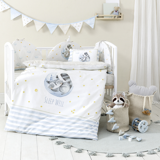 Σετ Βρεφικά Σεντόνια Κούνιας Βαμβακερά Sleepy Racoon - NimaHome - MyHouseandKids